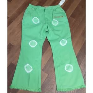 NEW XL jeans Flare Lime Green Jeans Denim fringe raw hem Tie Dye 36 X 31 Unique